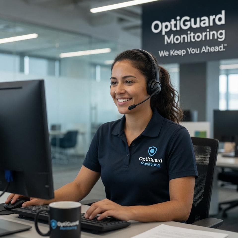 OptiGuard Monitoring operator on a support call — We Keep You Ahead