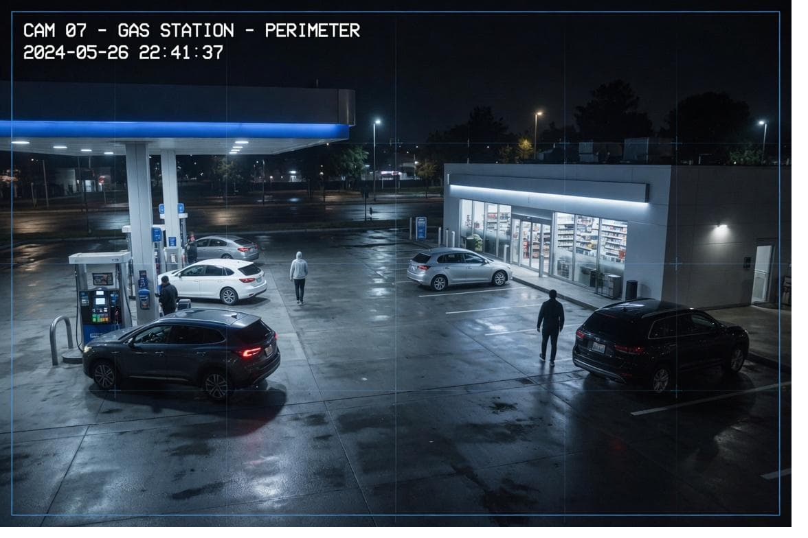 Live monitored gas station forecourt at night