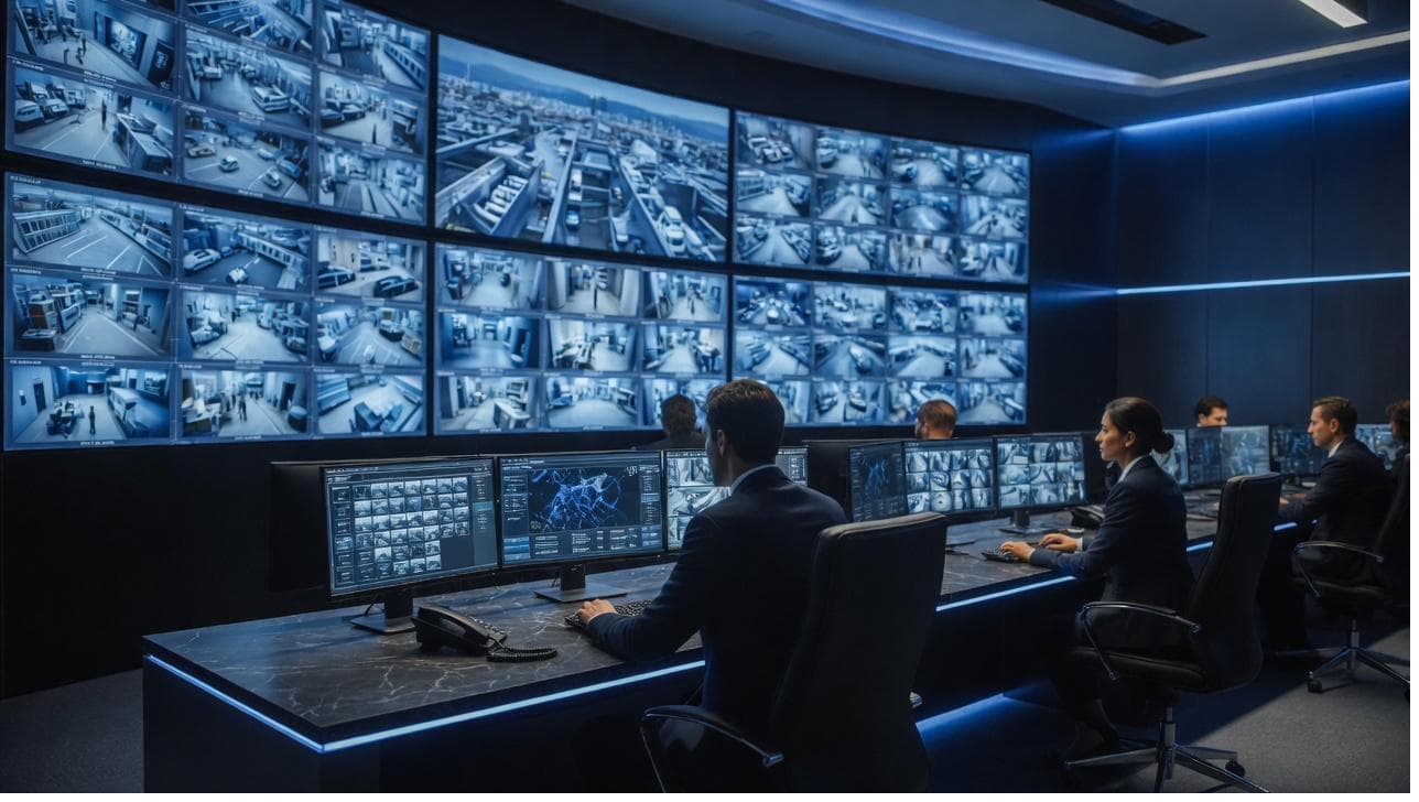 OptiGuard operators monitoring a wall of live camera feeds in the operations center