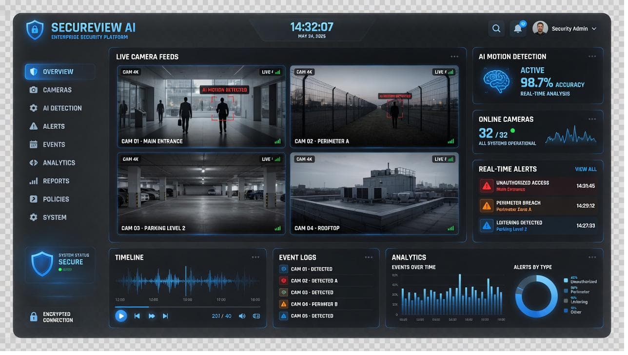 OptiGuard live monitoring dashboard showing camera feeds, AI motion detection and real-time alerts